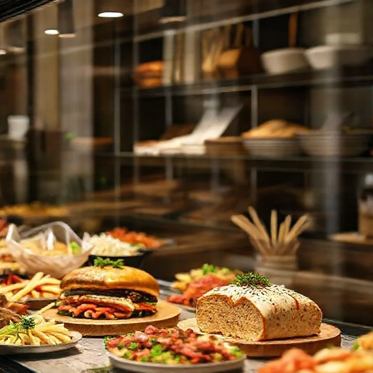 Rustic wooden table spread with artisanal bread, cheeses, olives, and wine, Image 3